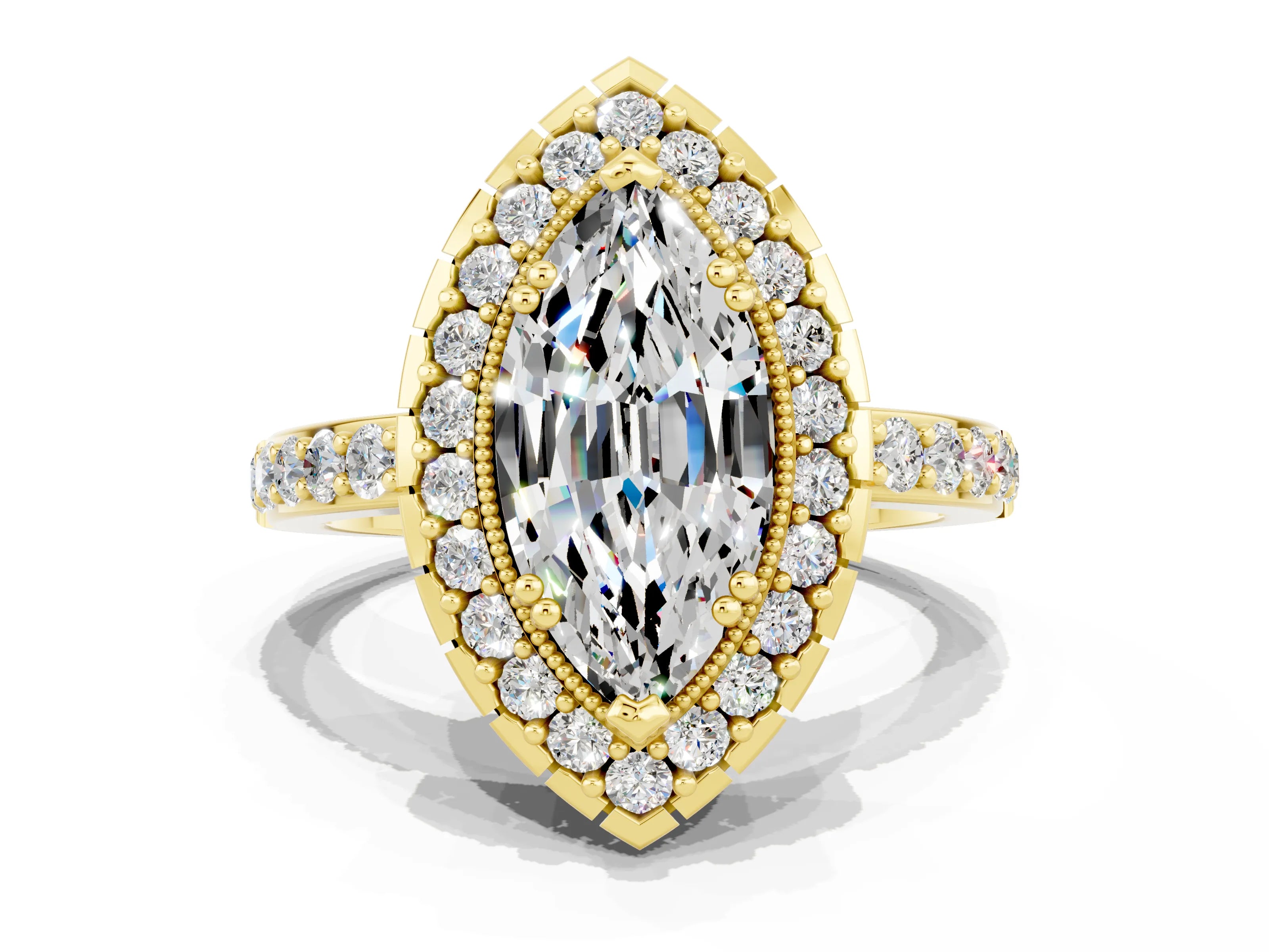 Yellow gold Marquise Cut Moissanite Halo Ring with Pavé Band and Prong Setting