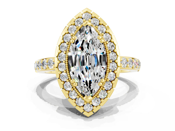 Yellow gold Marquise Cut Moissanite Halo Ring with Pavé Band and Prong Setting