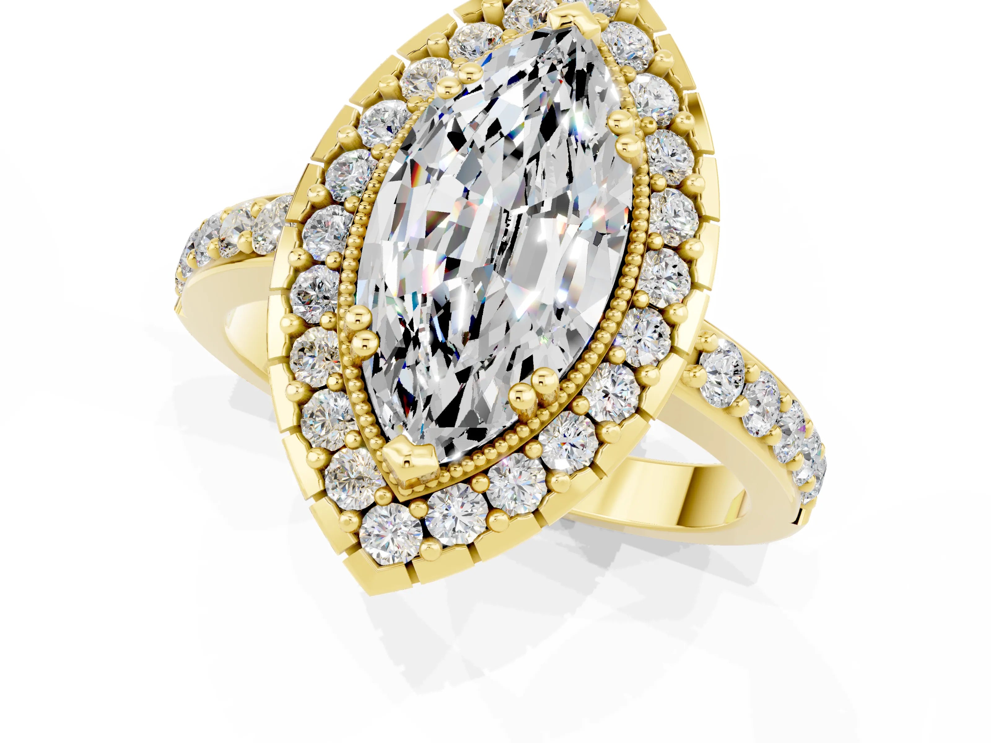 Yellow gold Marquise Cut Moissanite Halo Ring with Pavé Band and Prong Setting_1