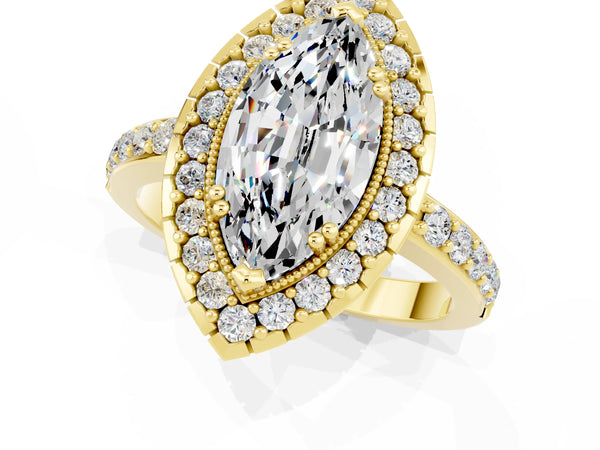 Yellow gold Marquise Cut Moissanite Halo Ring with Pavé Band and Prong Setting