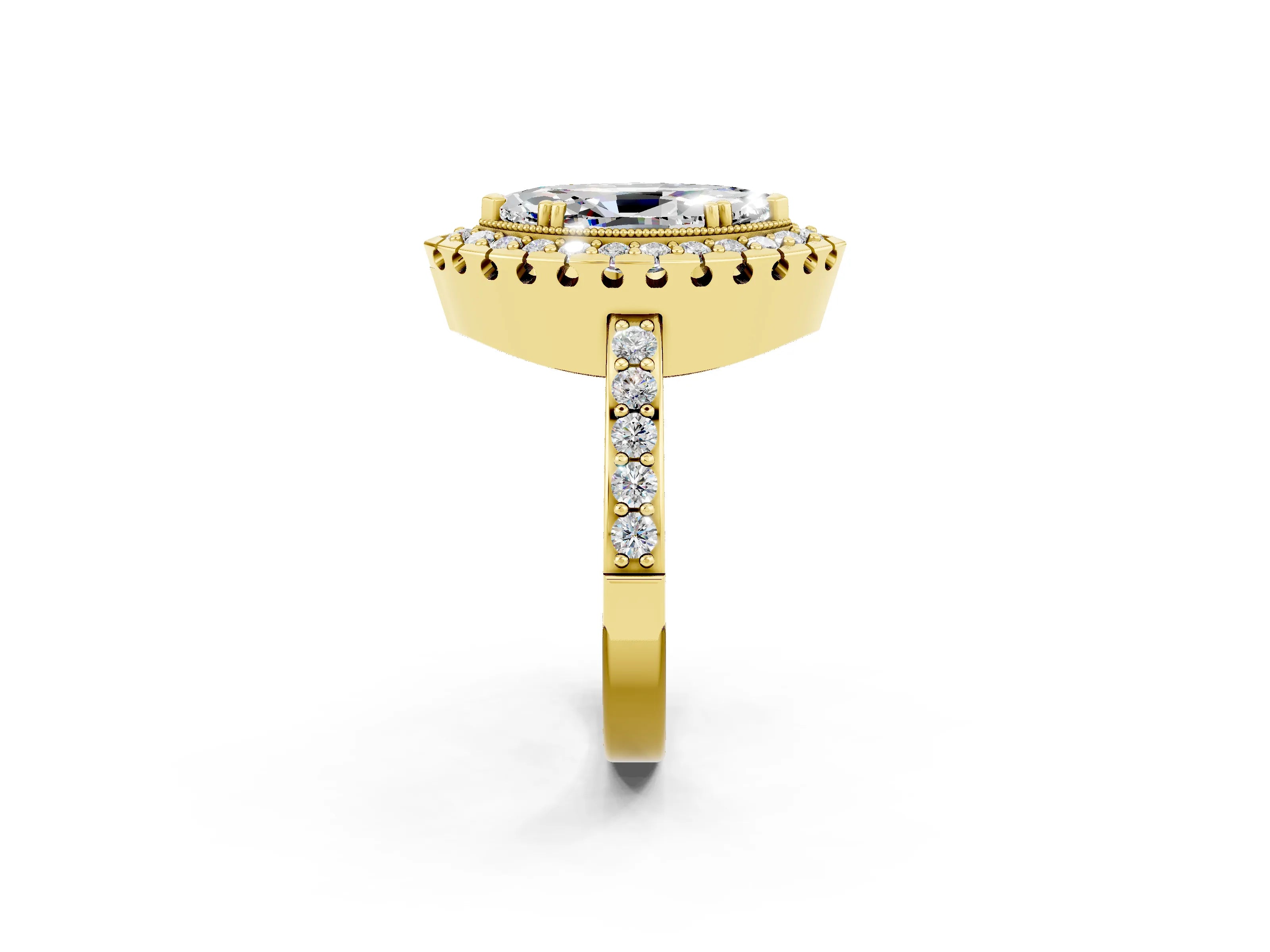 Yellow gold Marquise Cut Moissanite Halo Ring with Pavé Band and Prong Setting_2