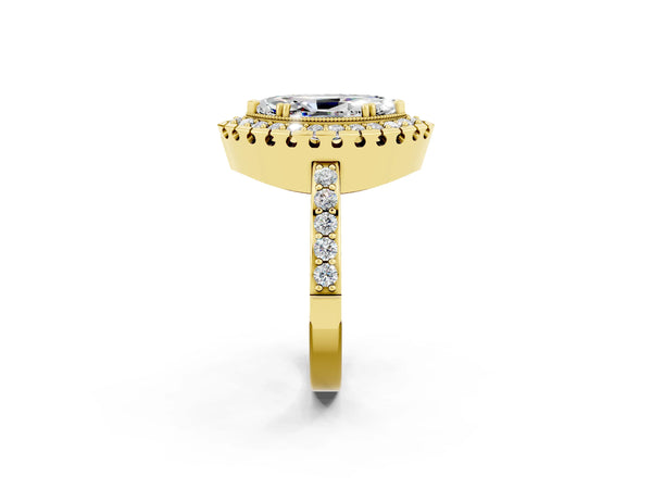 Yellow gold Marquise Cut Moissanite Halo Ring with Pavé Band and Prong Setting