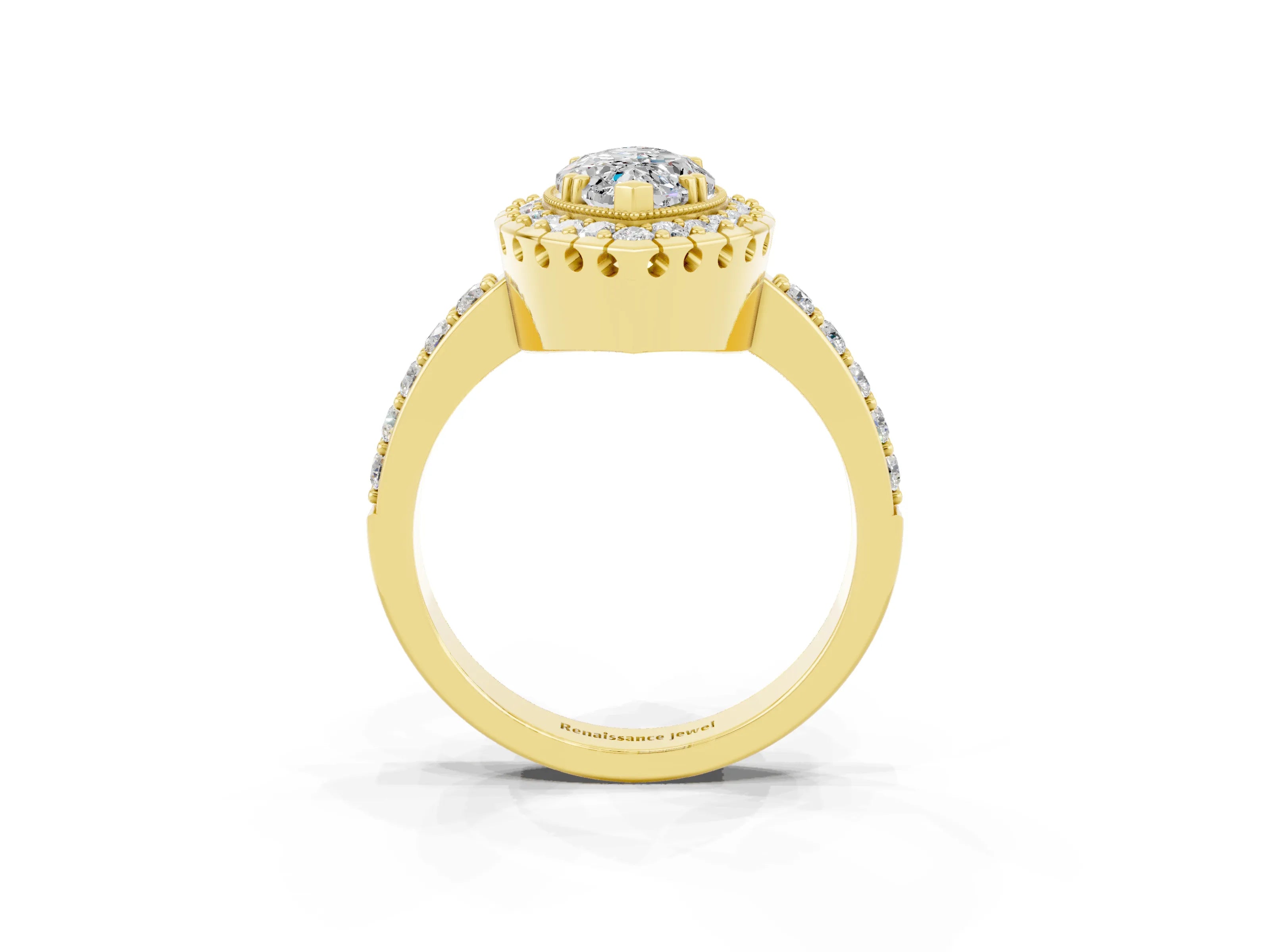 Yellow gold Marquise Cut Moissanite Halo Ring with Pavé Band and Prong Setting_3