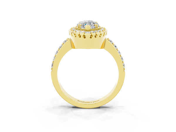 Yellow gold Marquise Cut Moissanite Halo Ring with Pavé Band and Prong Setting