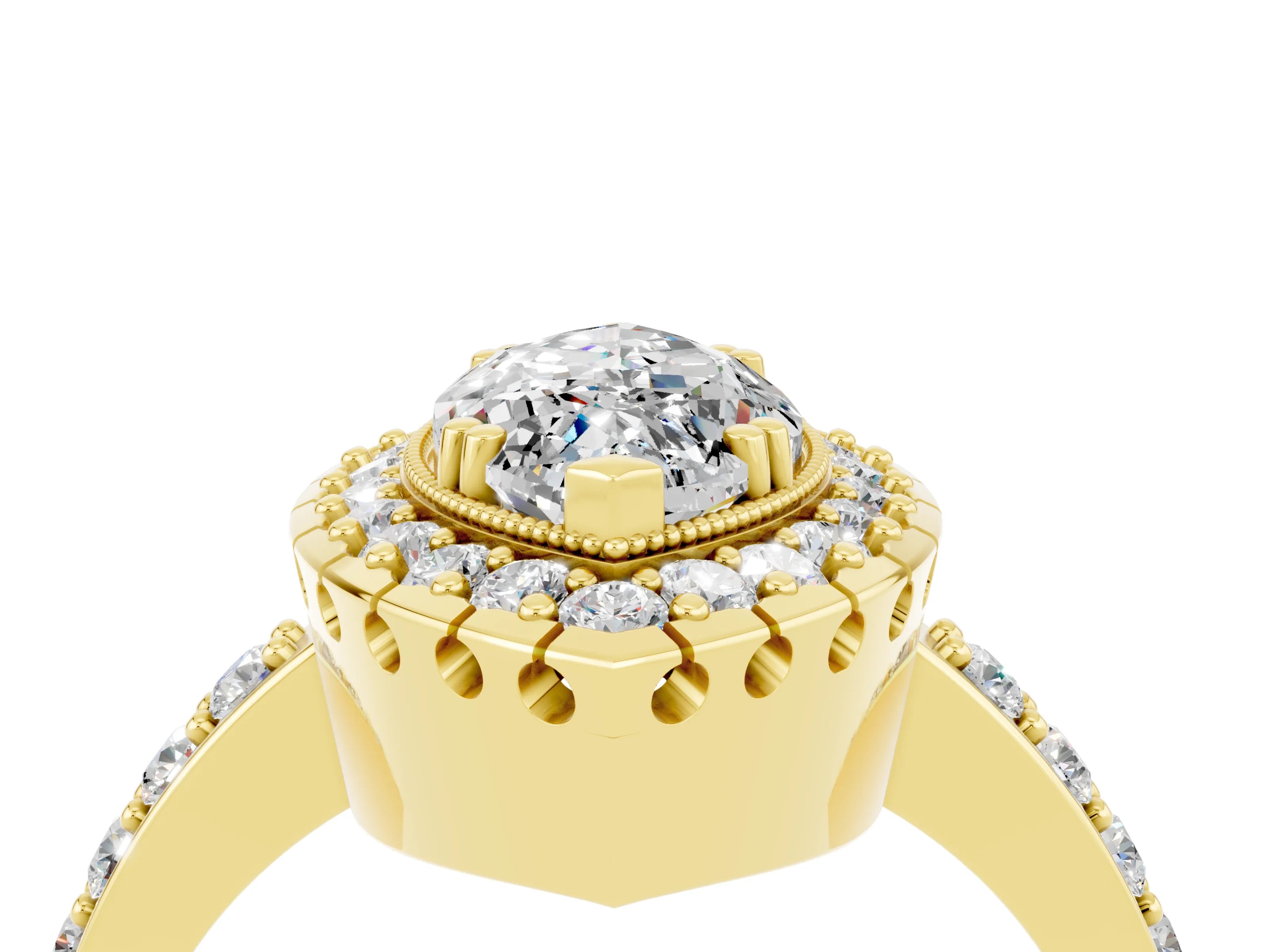 Yellow gold Marquise Cut Moissanite Halo Ring with Pavé Band and Prong Setting_4