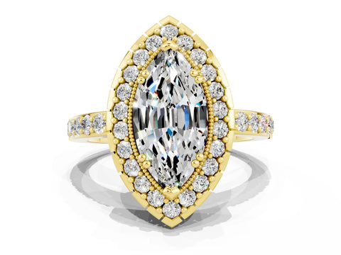 Yellow gold Marquise Cut Moissanite Halo Ring with Pavé Band and Prong Setting