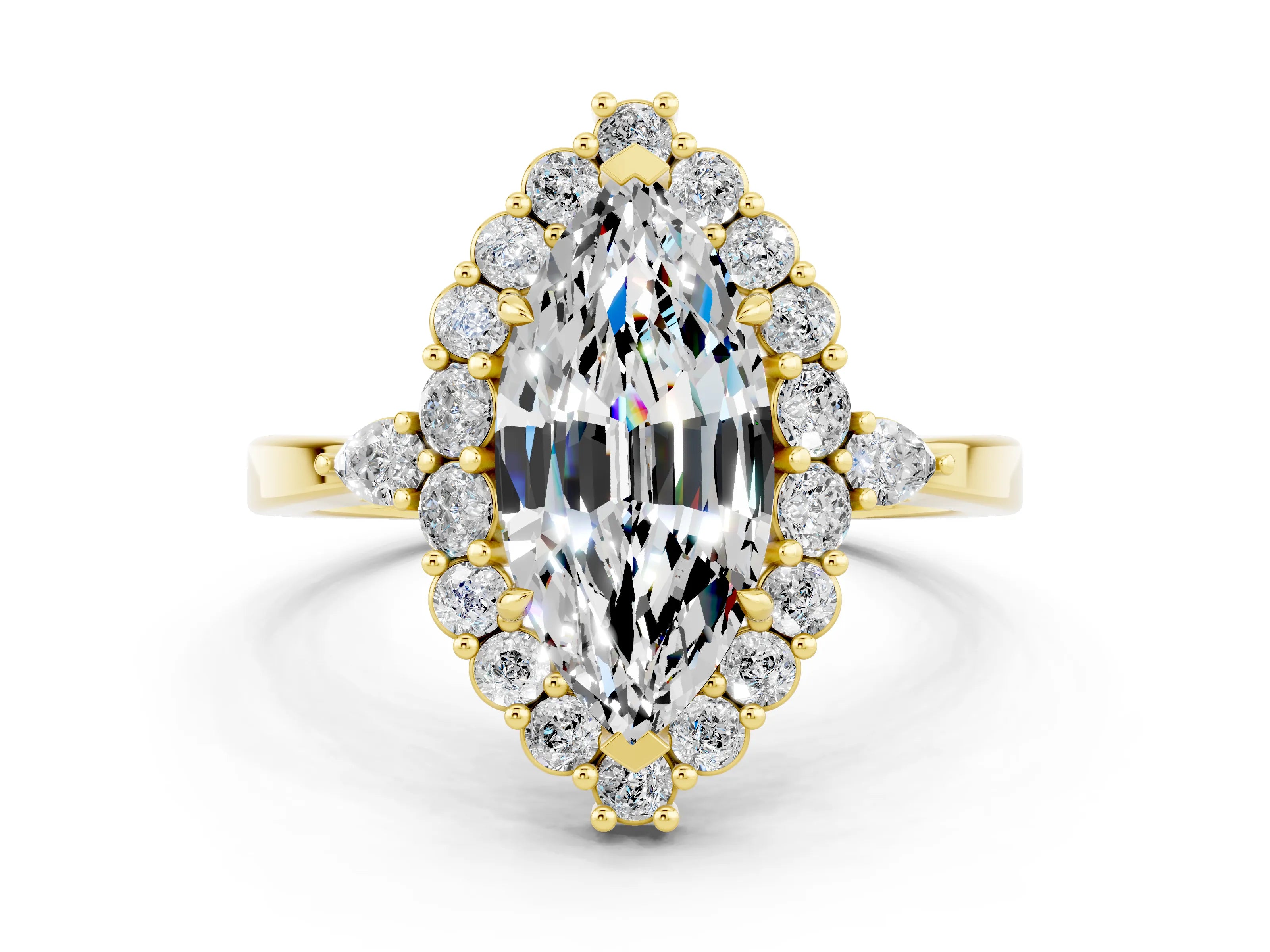 Yellow gold Marquise Cut Moissanite Halo Ring with Pear Side Stones and Prong Setting_12