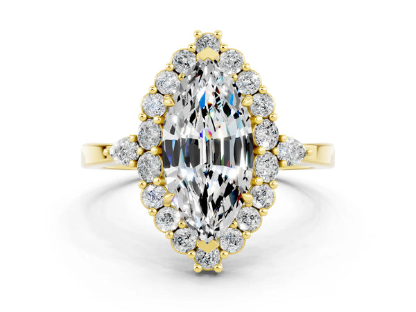 Yellow gold Marquise Cut Moissanite Halo Ring with Pear Side Stones and Prong Setting