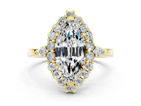 Yellow gold Marquise Cut Moissanite Halo Ring with Pear Side Stones and Prong Setting_12