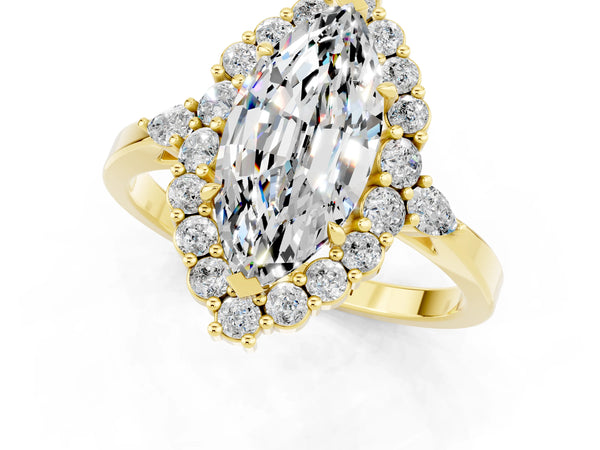 Yellow gold Marquise Cut Moissanite Halo Ring with Pear Side Stones and Prong Setting