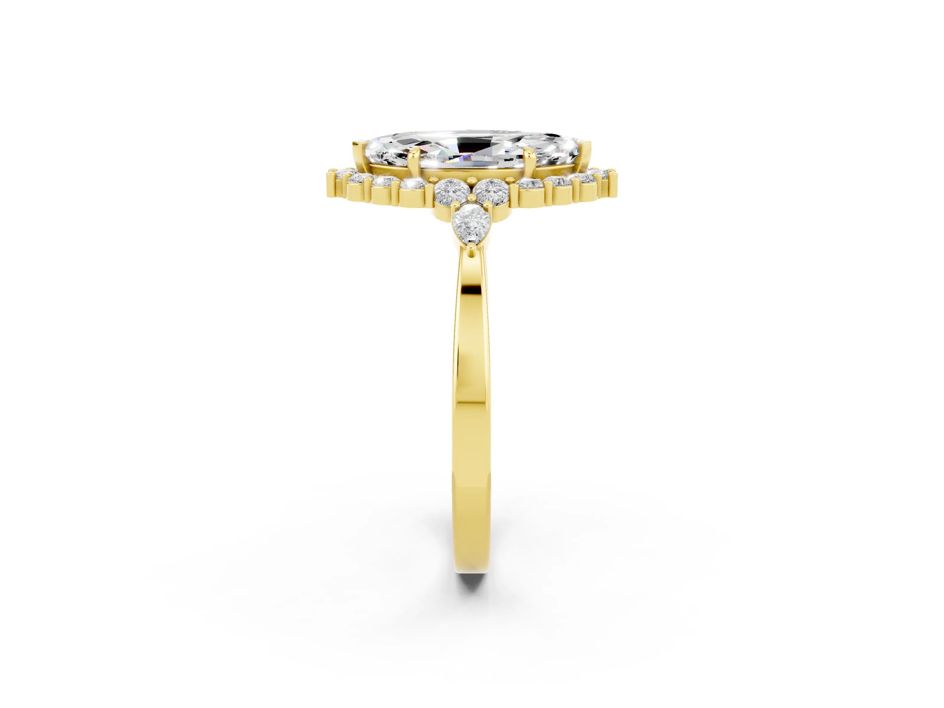 Yellow gold Marquise Cut Moissanite Halo Ring with Pear Side Stones and Prong Setting_14