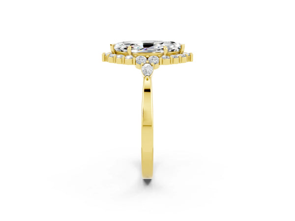Yellow gold Marquise Cut Moissanite Halo Ring with Pear Side Stones and Prong Setting