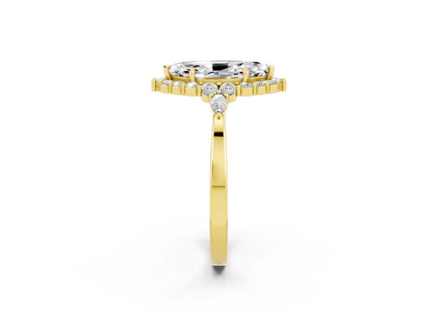 Yellow gold Marquise Cut Moissanite Halo Ring with Pear Side Stones and Prong Setting_14
