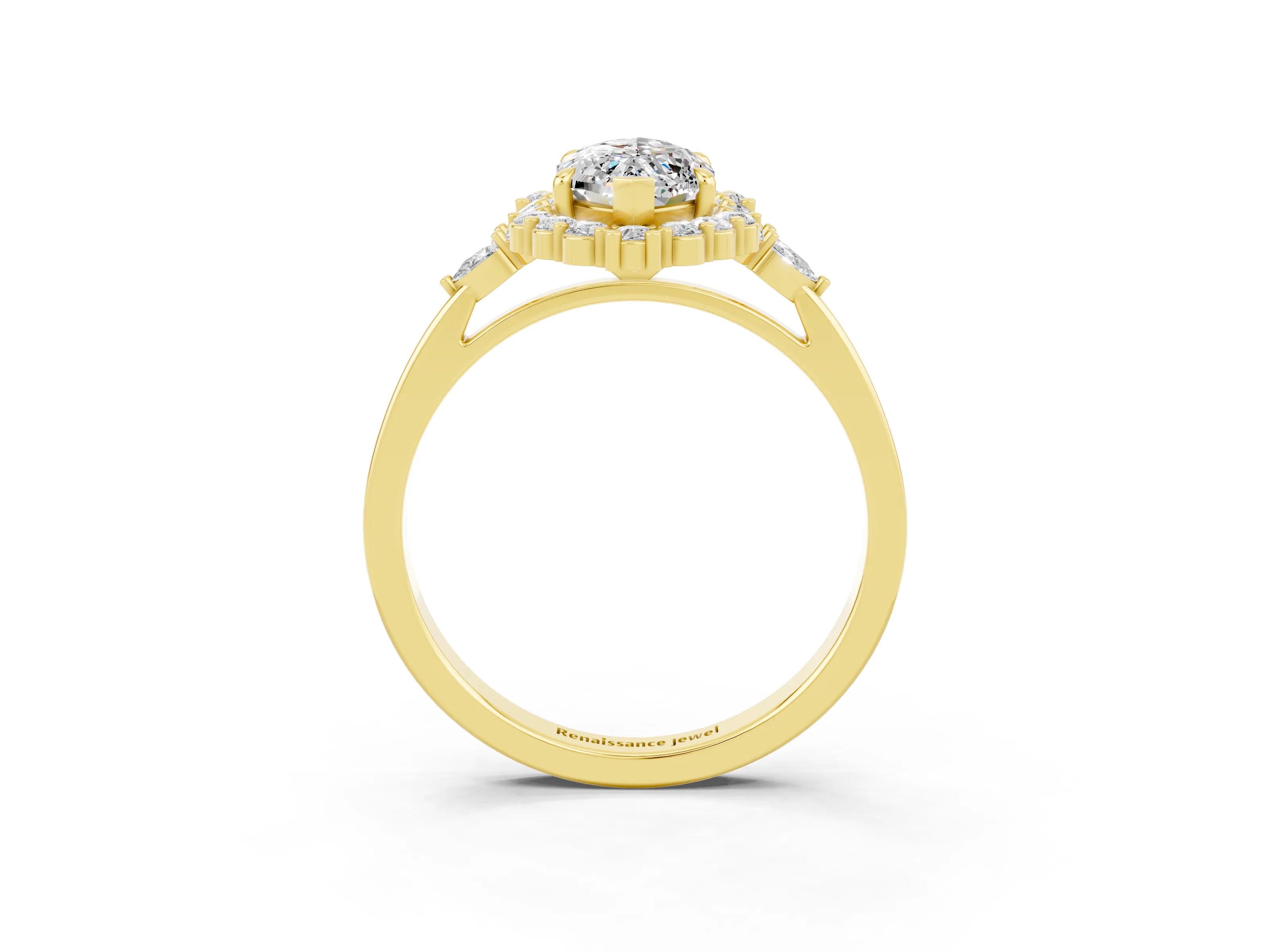 Yellow gold Marquise Cut Moissanite Halo Ring with Pear Side Stones and Prong Setting_15