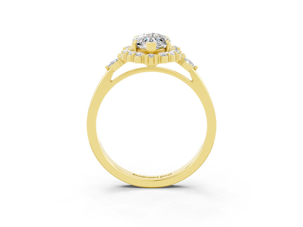 Yellow gold Marquise Cut Moissanite Halo Ring with Pear Side Stones and Prong Setting