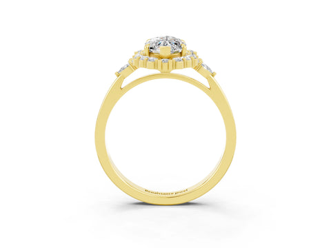 Yellow gold Marquise Cut Moissanite Halo Ring with Pear Side Stones and Prong Setting_15