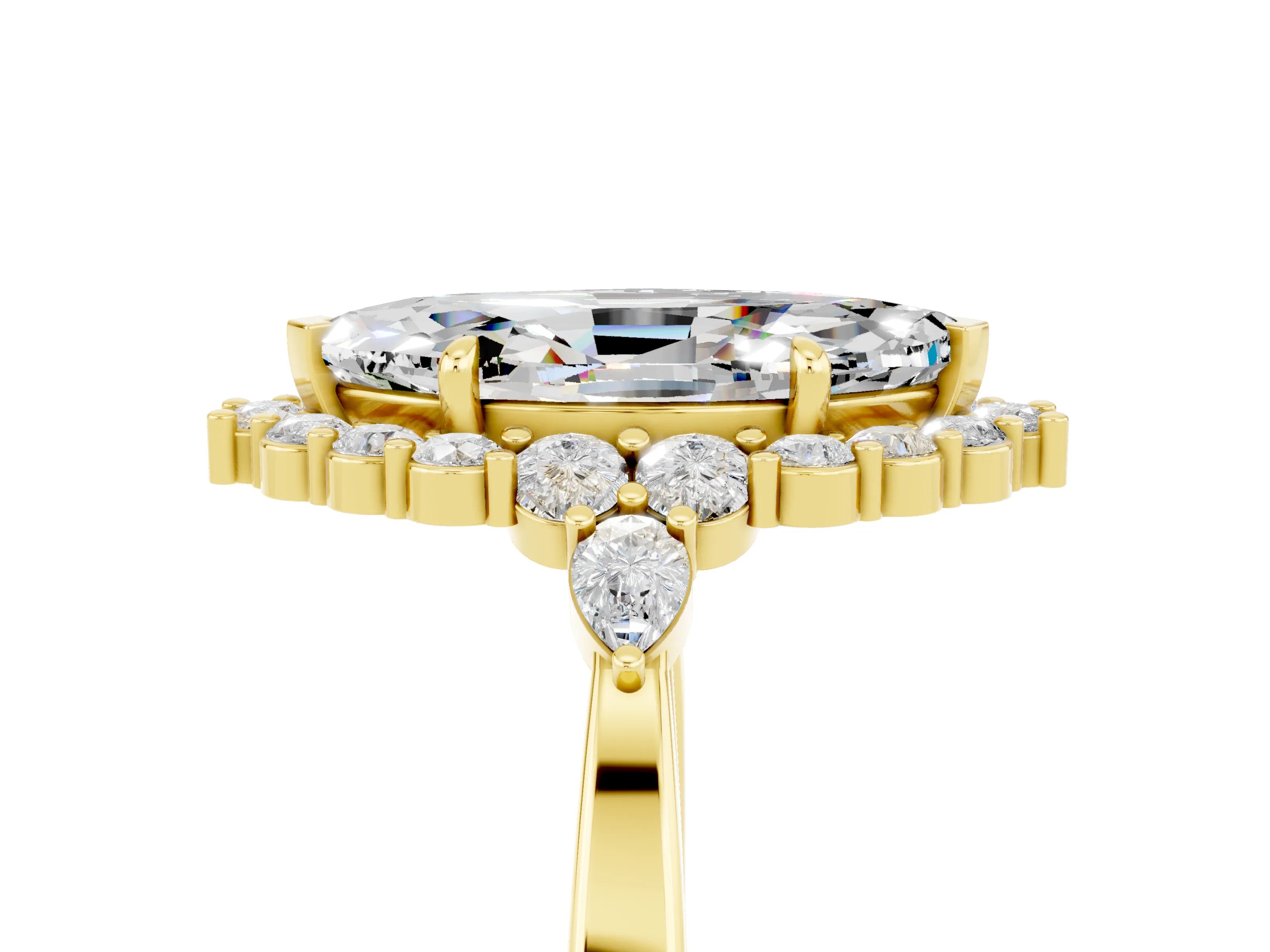 Yellow gold Marquise Cut Moissanite Halo Ring with Pear Side Stones and Prong Setting_17