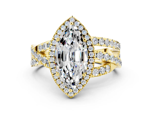 Yellow gold Marquise Cut Moissanite Halo Ring with Round Split Shank and Prong Setting