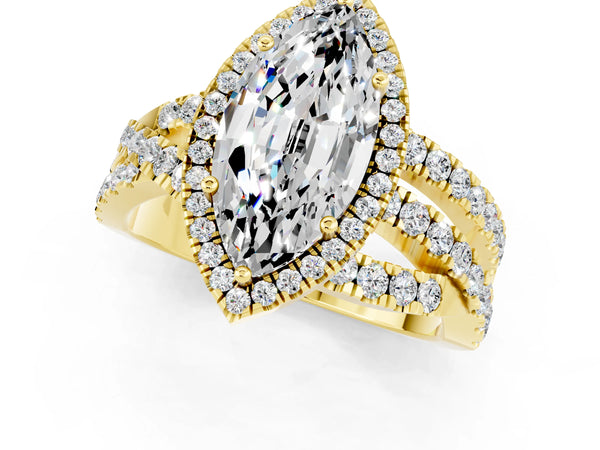 Yellow gold Marquise Cut Moissanite Halo Ring with Round Split Shank and Prong Setting