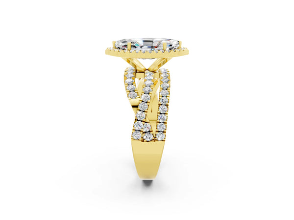 Yellow gold Marquise Cut Moissanite Halo Ring with Round Split Shank and Prong Setting