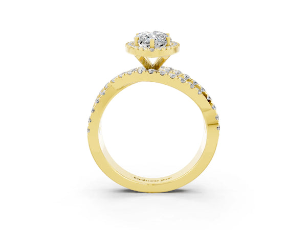 Yellow gold Marquise Cut Moissanite Halo Ring with Round Split Shank and Prong Setting
