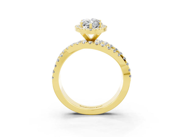 Yellow gold Marquise Cut Moissanite Halo Ring with Round Split Shank and Prong Setting