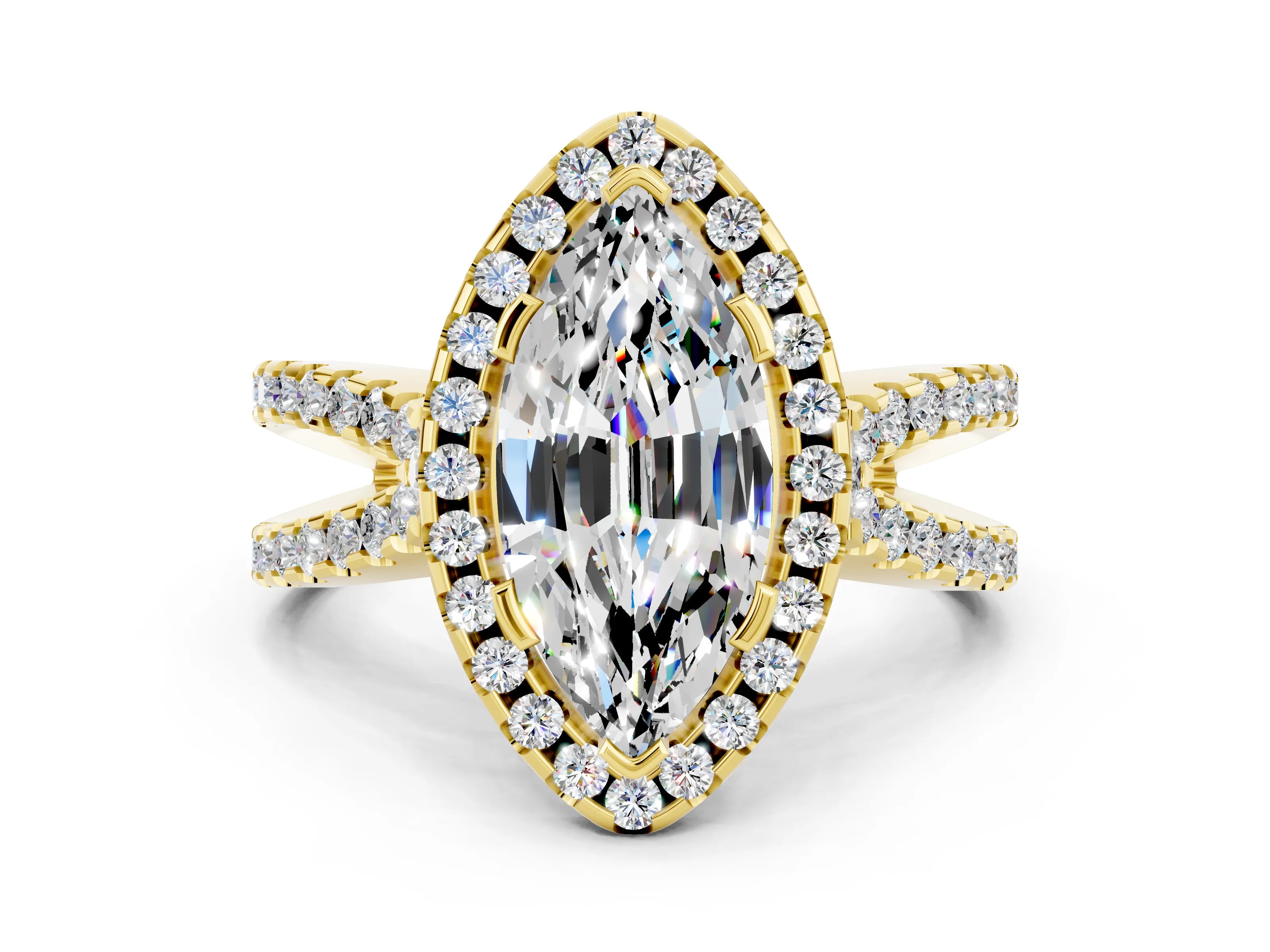 Yellow gold Marquise Cut Moissanite Halo Ring with Split Shank Pavé Band and Prong Setting