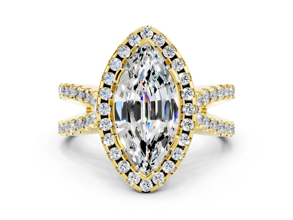 Yellow gold Marquise Cut Moissanite Halo Ring with Split Shank Pavé Band and Prong Setting
