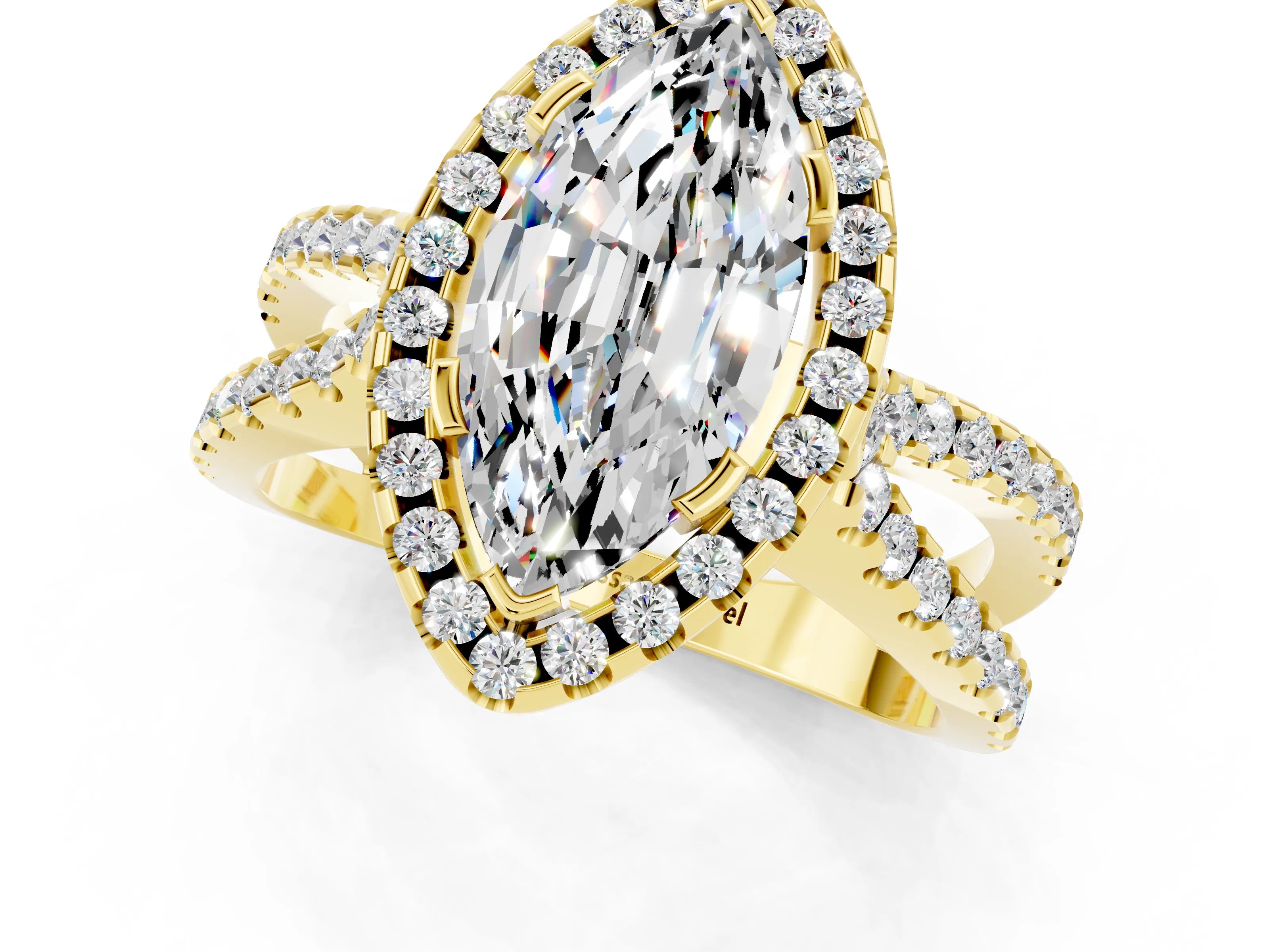 Yellow gold Marquise Cut Moissanite Halo Ring with Split Shank Pavé Band and Prong Setting_1