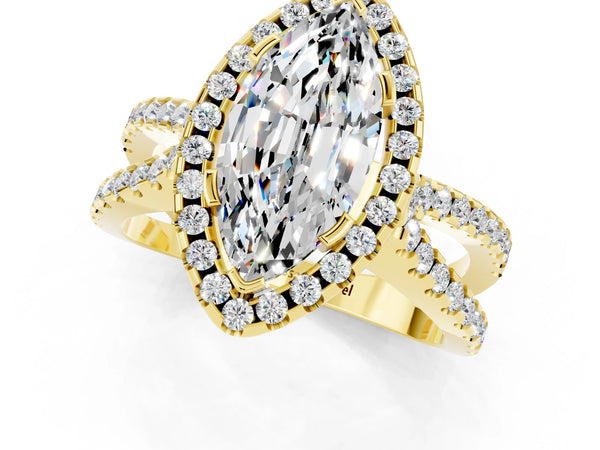 Yellow gold Marquise Cut Moissanite Halo Ring with Split Shank Pavé Band and Prong Setting
