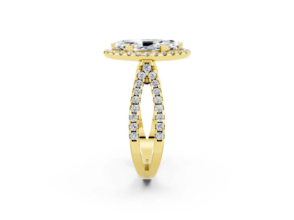 Yellow gold Marquise Cut Moissanite Halo Ring with Split Shank Pavé Band and Prong Setting