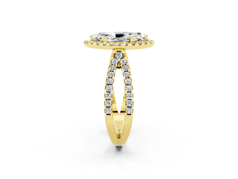 Yellow gold Marquise Cut Moissanite Halo Ring with Split Shank Pavé Band and Prong Setting_2