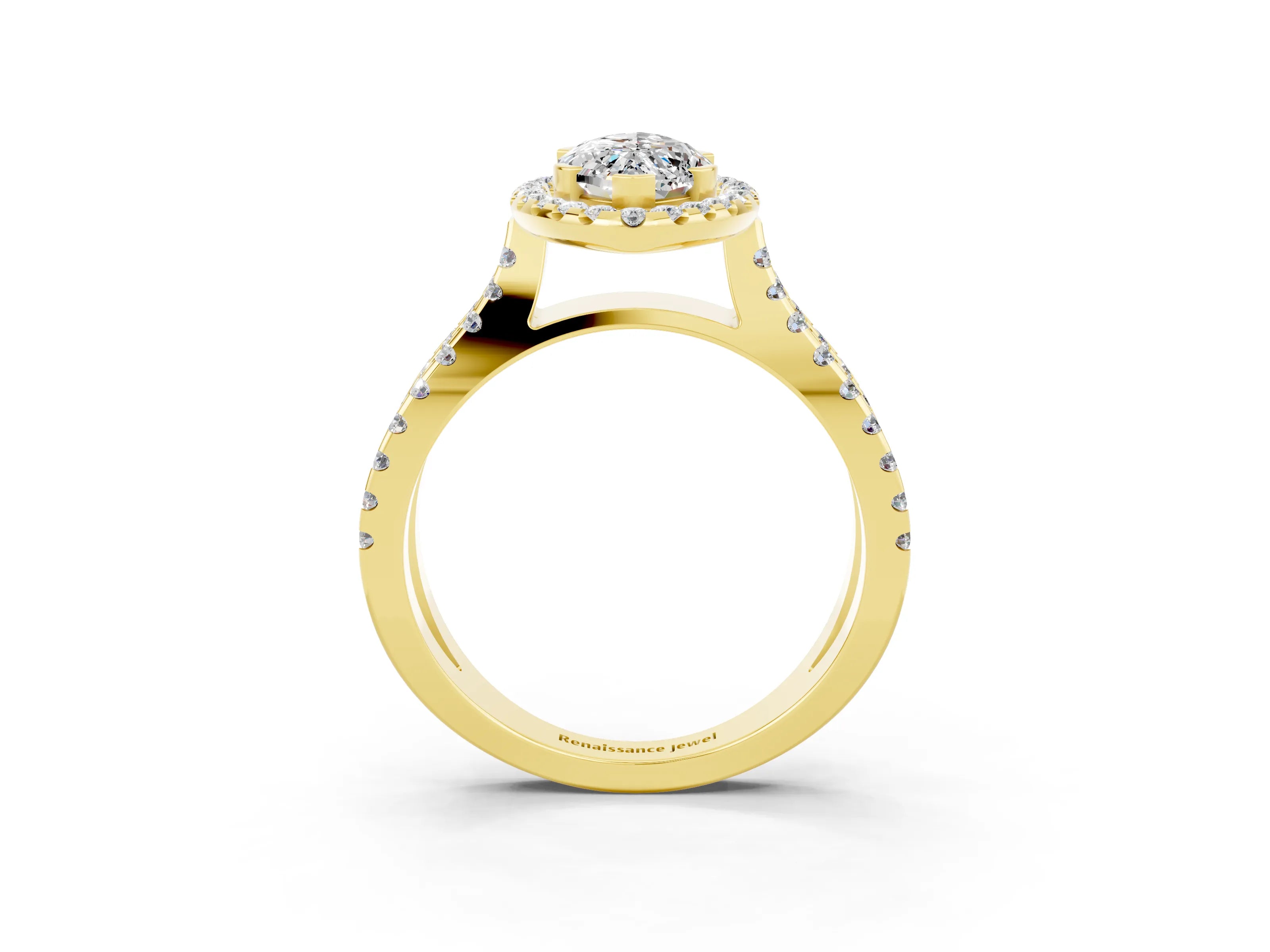 Yellow gold Marquise Cut Moissanite Halo Ring with Split Shank Pavé Band and Prong Setting_3