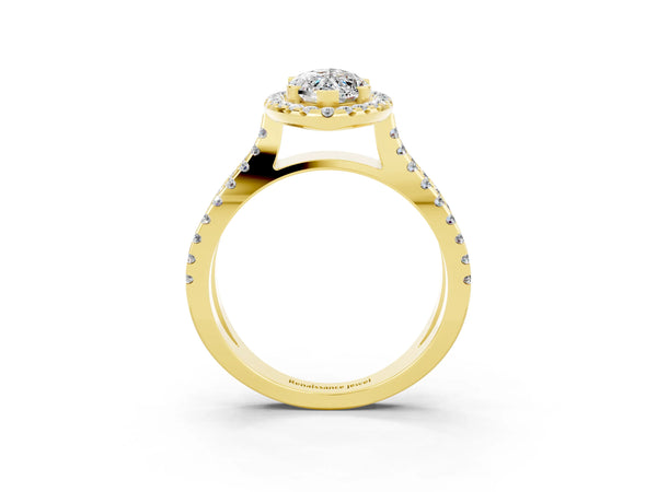 Yellow gold Marquise Cut Moissanite Halo Ring with Split Shank Pavé Band and Prong Setting
