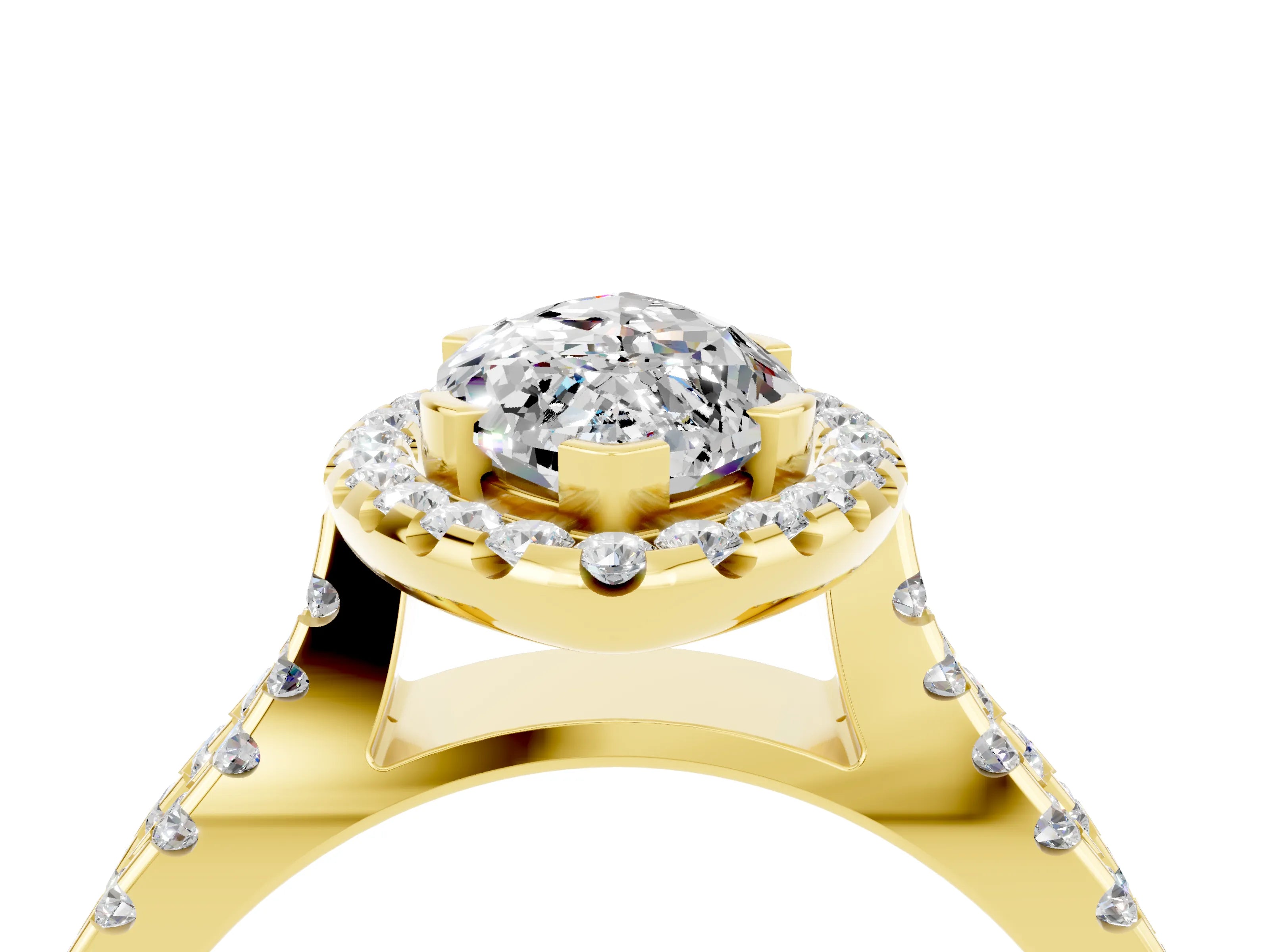 Yellow gold Marquise Cut Moissanite Halo Ring with Split Shank Pavé Band and Prong Setting_4