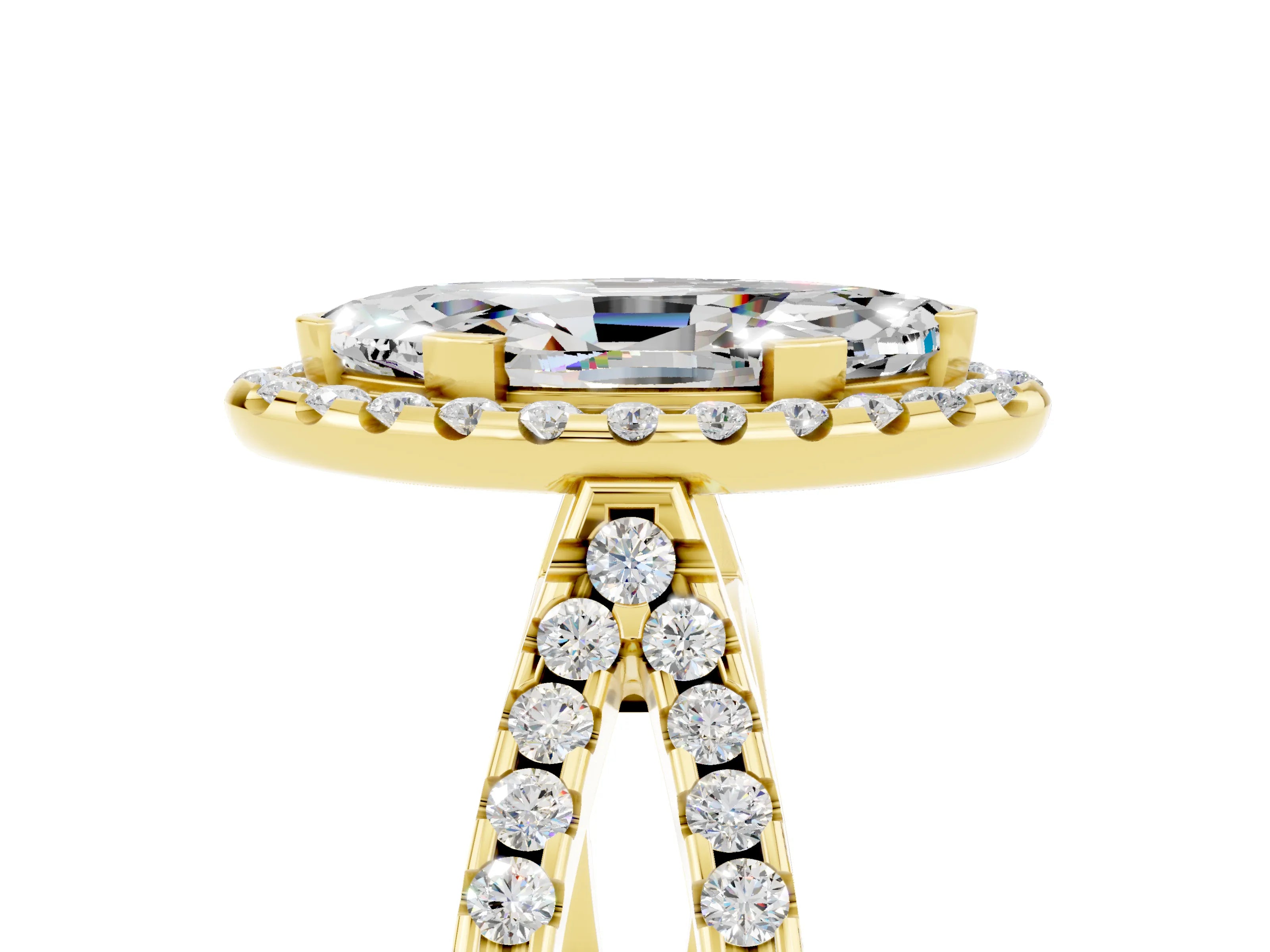 Yellow gold Marquise Cut Moissanite Halo Ring with Split Shank Pavé Band and Prong Setting_5