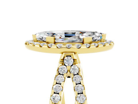Yellow gold Marquise Cut Moissanite Halo Ring with Split Shank Pavé Band and Prong Setting_5