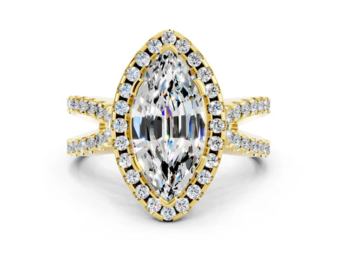 Yellow gold Marquise Cut Moissanite Halo Ring with Split Shank Pavé Band and Prong Setting