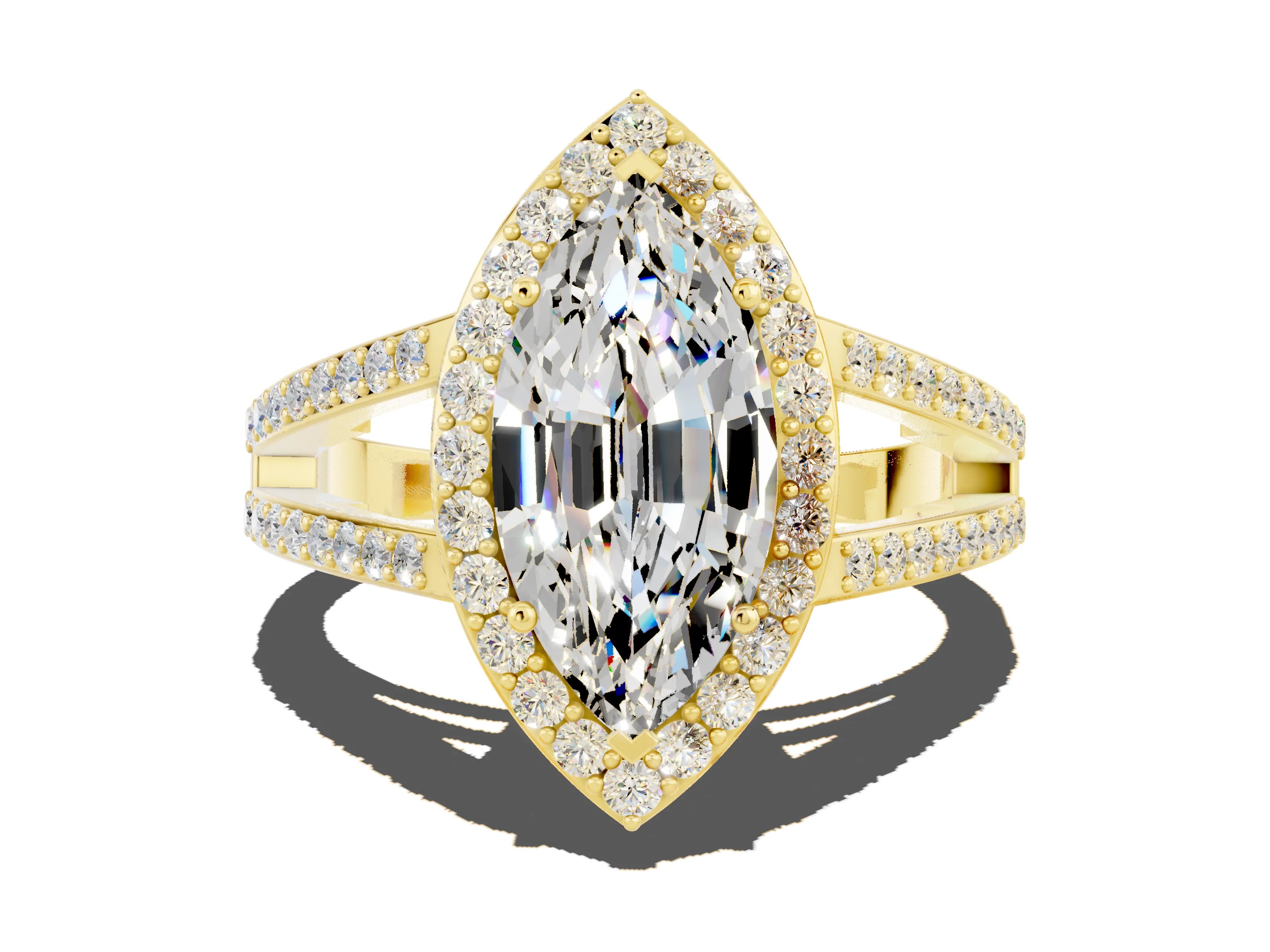 Yellow gold Marquise Cut Moissanite Halo Ring with Split Shank U-Prong Band and Four-Prong Setting