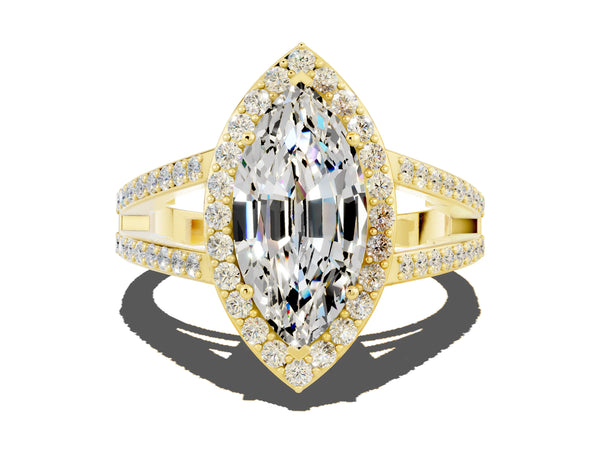 Yellow gold Marquise Cut Moissanite Halo Ring with Split Shank U-Prong Band and Four-Prong Setting