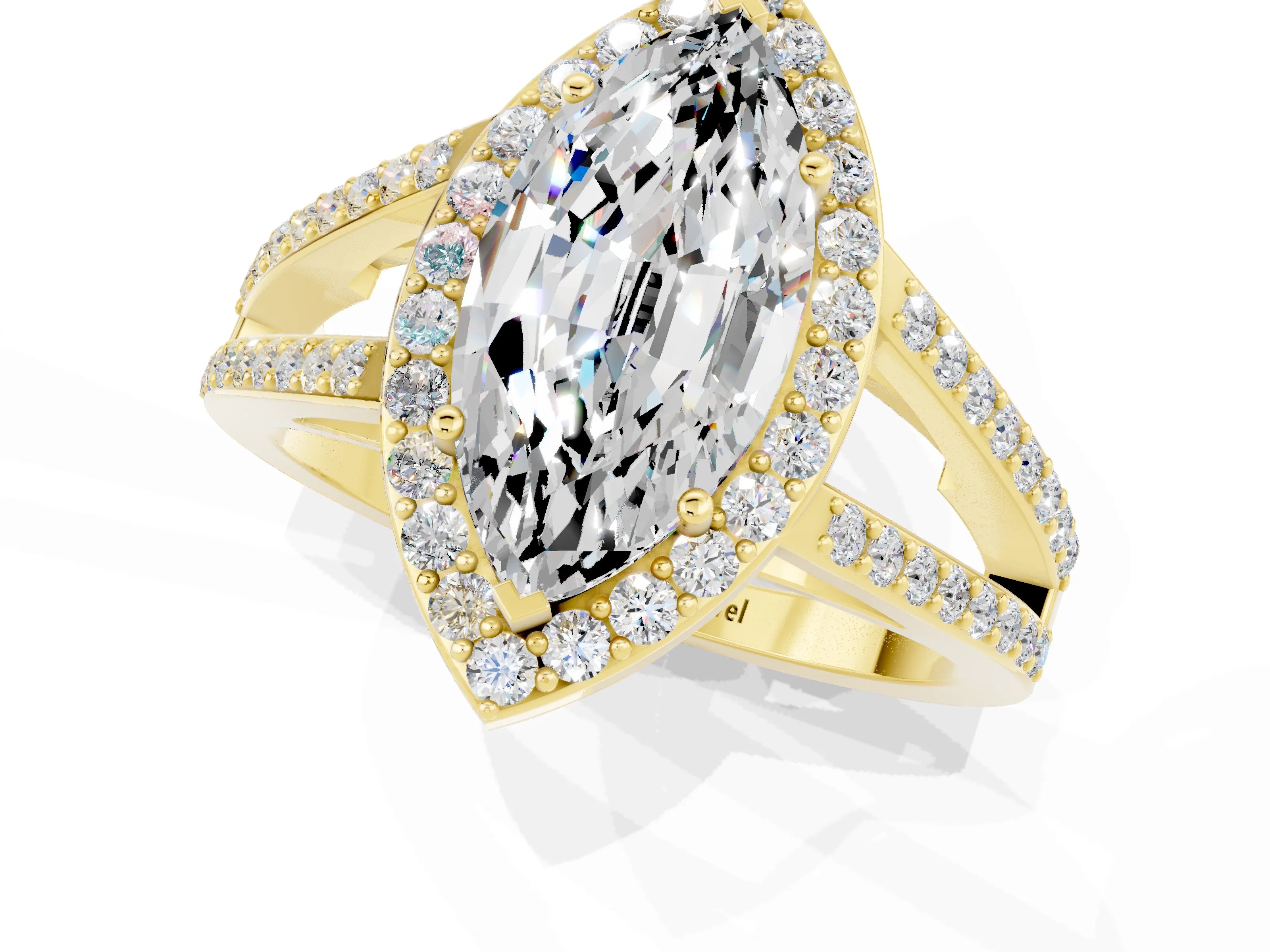 Yellow gold Marquise Cut Moissanite Halo Ring with Split Shank U-Prong Band and Four-Prong Setting_1