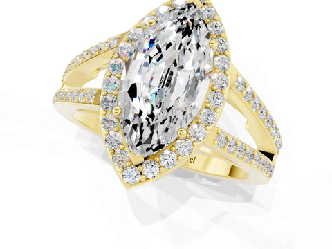 Yellow gold Marquise Cut Moissanite Halo Ring with Split Shank U-Prong Band and Four-Prong Setting_1