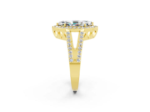 Yellow gold Marquise Cut Moissanite Halo Ring with Split Shank U-Prong Band and Four-Prong Setting_2