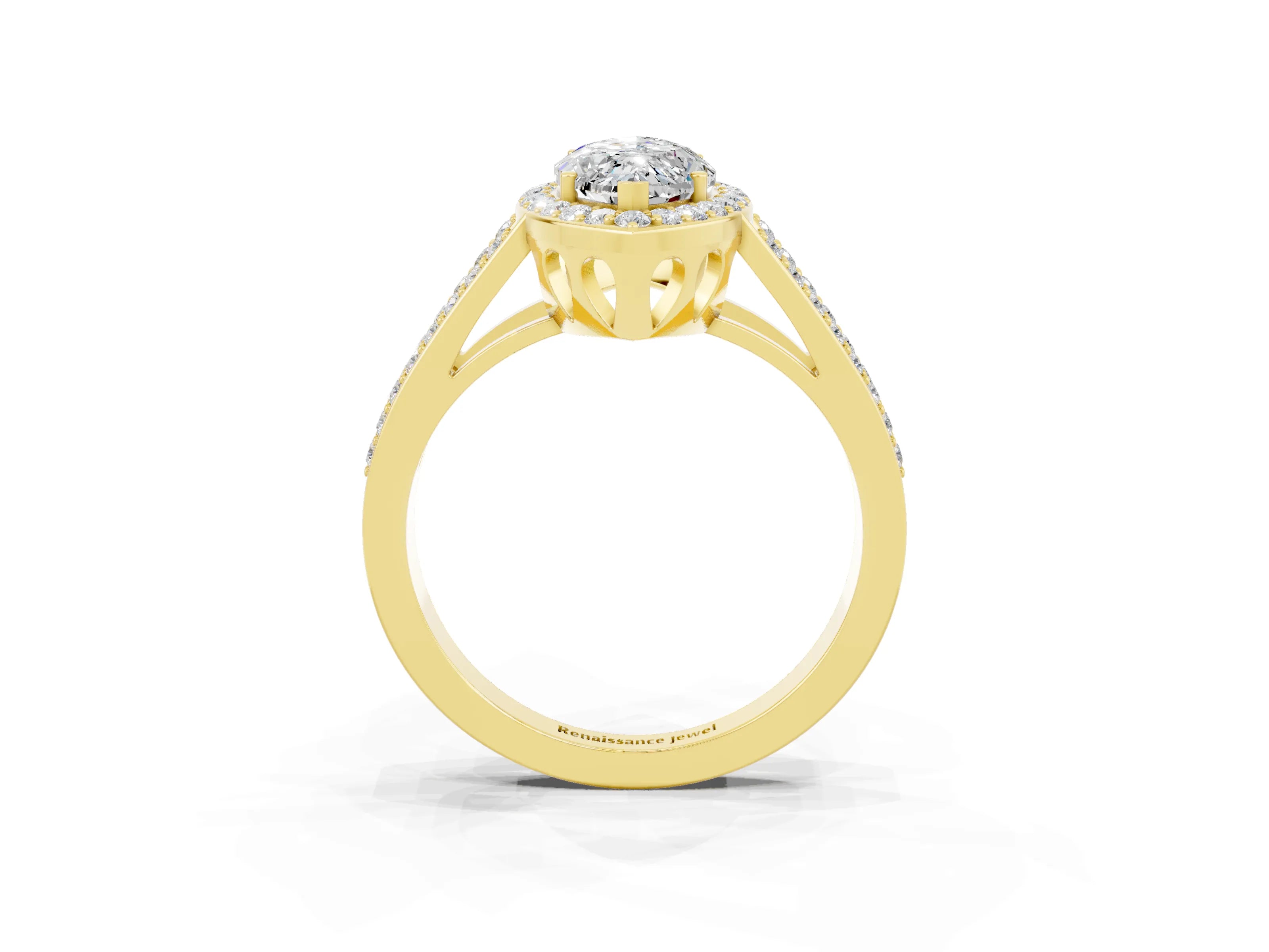 Yellow gold Marquise Cut Moissanite Halo Ring with Split Shank U-Prong Band and Four-Prong Setting_3