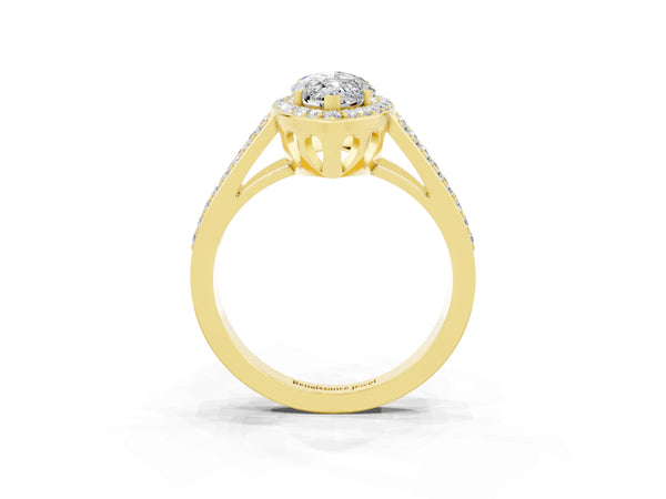 Yellow gold Marquise Cut Moissanite Halo Ring with Split Shank U-Prong Band and Four-Prong Setting