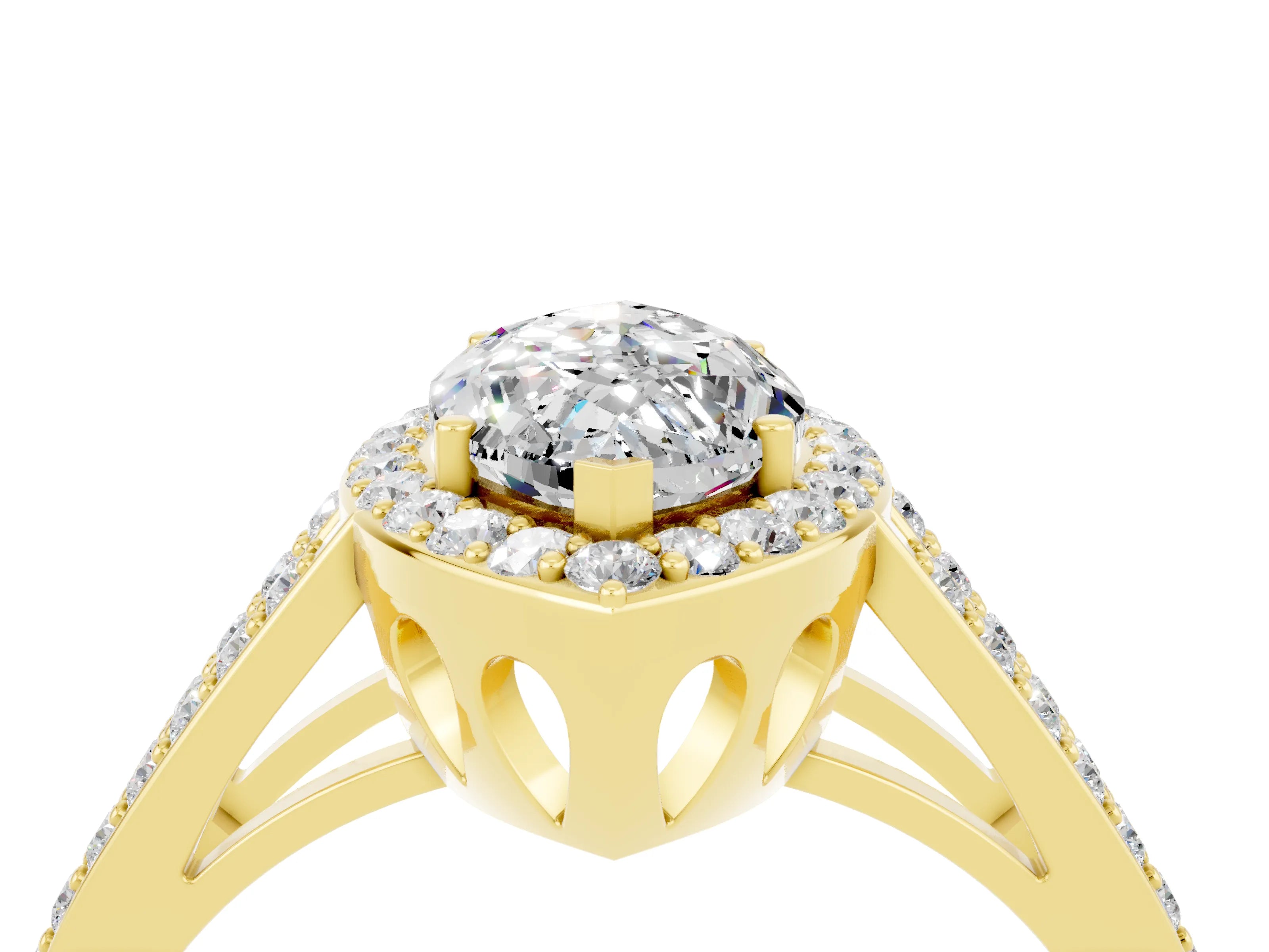 Yellow gold Marquise Cut Moissanite Halo Ring with Split Shank U-Prong Band and Four-Prong Setting_4