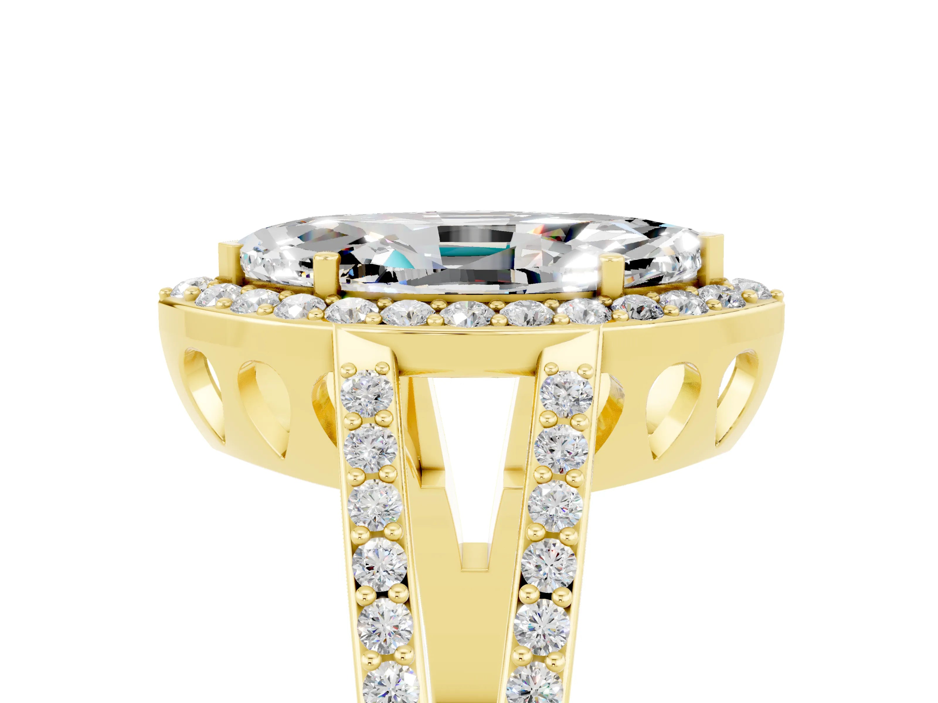 Yellow gold Marquise Cut Moissanite Halo Ring with Split Shank U-Prong Band and Four-Prong Setting_5