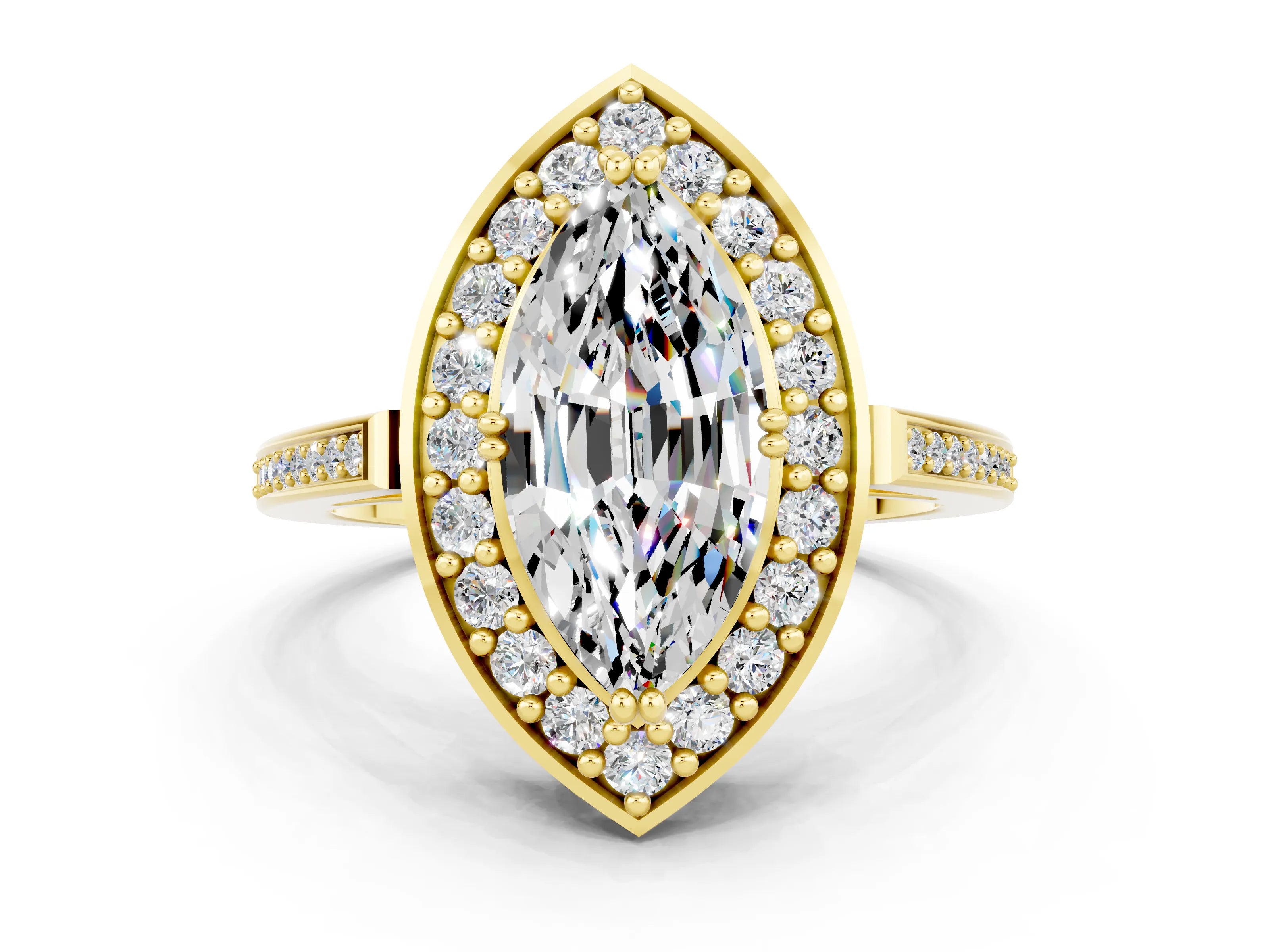 Yellow gold Marquise Cut Moissanite Halo Ring with Split Shank and Four-Prong Setting