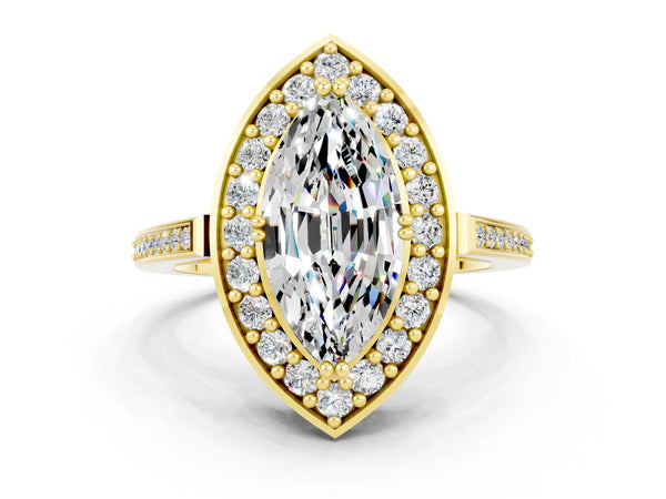Yellow gold Marquise Cut Moissanite Halo Ring with Split Shank and Four-Prong Setting