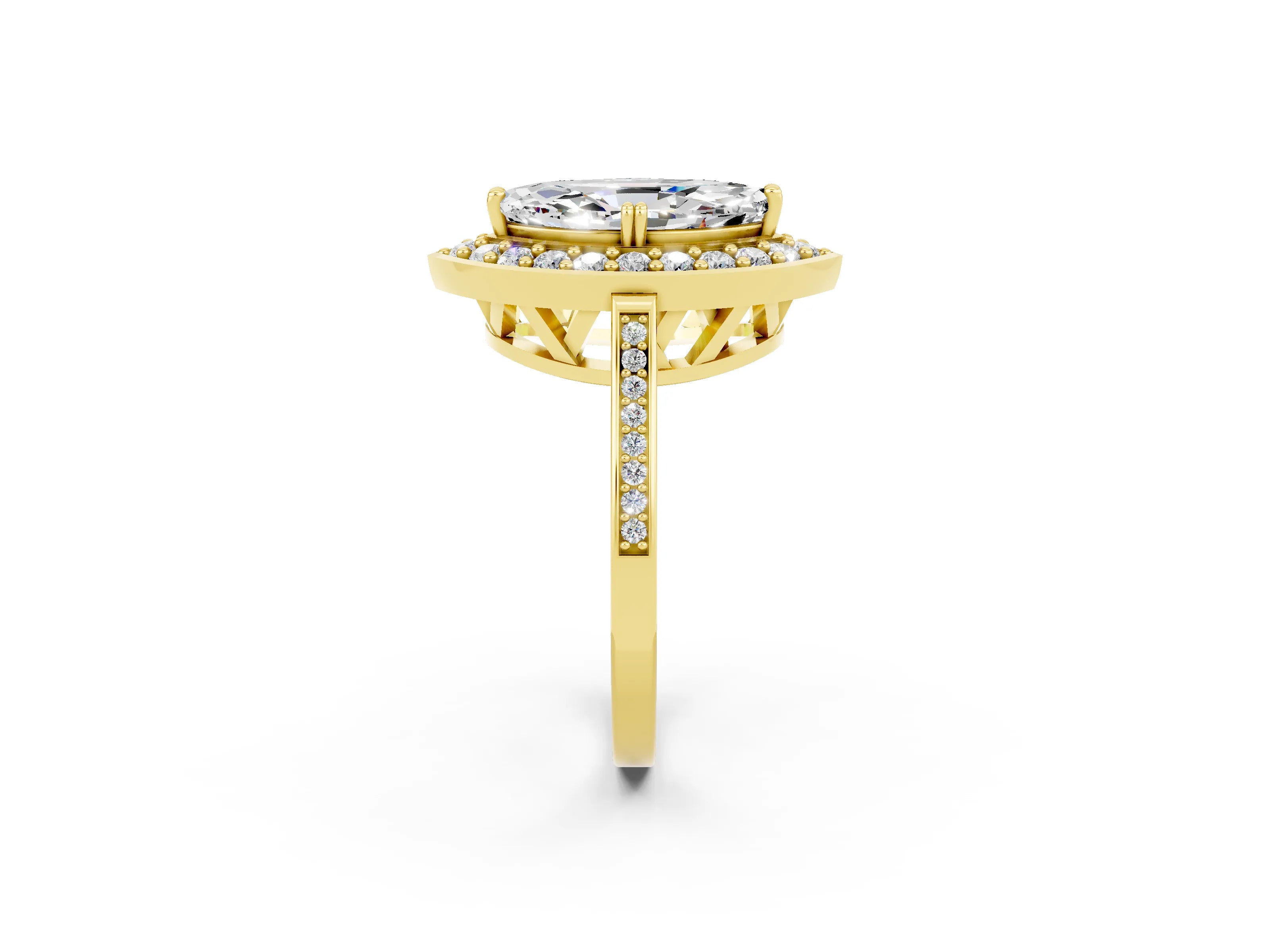 Yellow gold Marquise Cut Moissanite Halo Ring with Split Shank and Four-Prong Setting_2